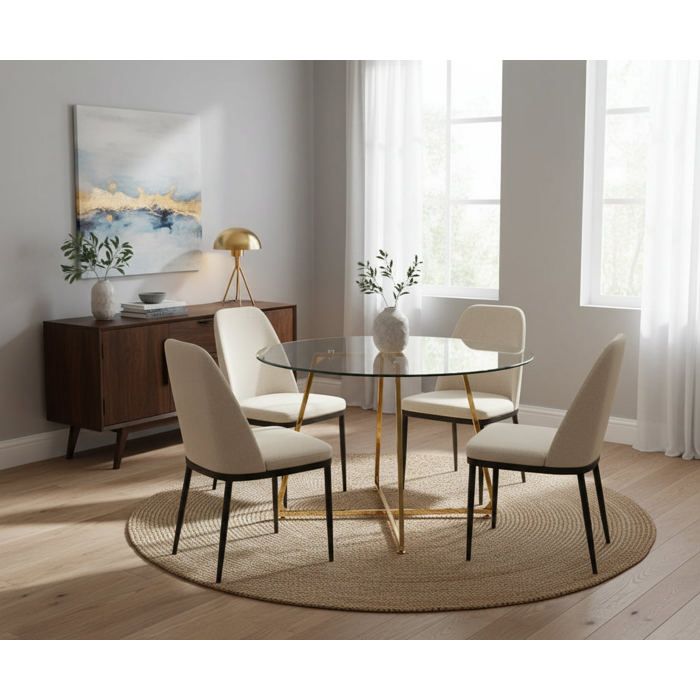 Table à Manger Ronde Verre Transparent Pieds Métal Doré 120x75cm - HELOISE